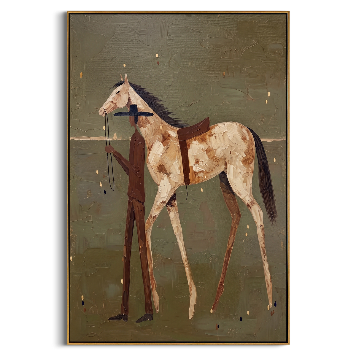 "Green Horse Handler Painting" - Modern Heavy Impasto Western Animal Artwork | Natural & White Palette Knife Painting | Luxury Vertical Wall Art #PT 831
