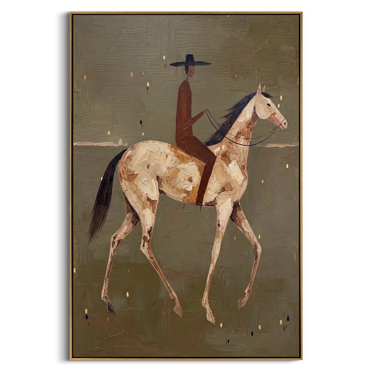 "Green Rider Horse Painting" - Modern Heavy Impasto Western Animal Artwork | Natural & White Palette Knife Painting | Luxury Vertical Wall Art #PT 832