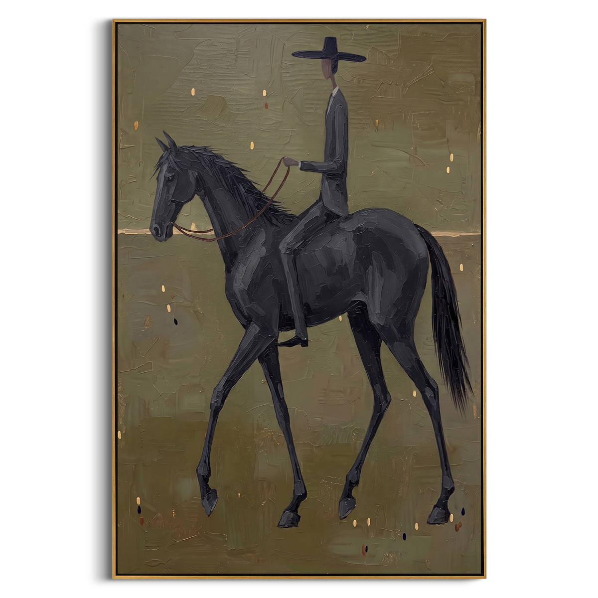 "Green Black Rider Horse Painting" - Modern Heavy Impasto Western Animal Artwork | Natural & Black Palette Knife Painting | Luxury Vertical Wall Art #PT 834