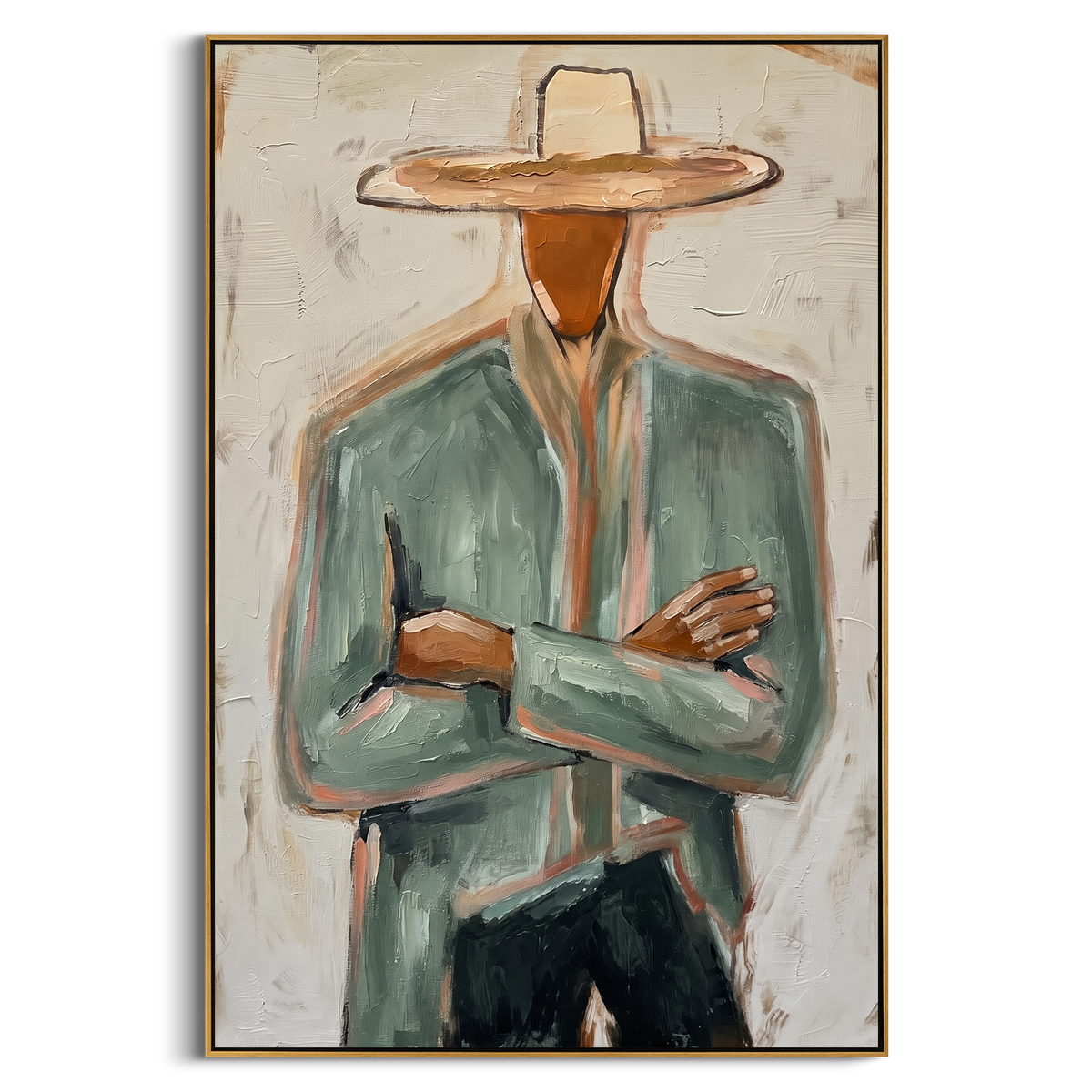 "Green Hat Portrait Painting" - Modern Heavy Impasto Abstract Artwork | Green & White Palette Knife Painting | Luxury Vertical Wall Art #PT 835