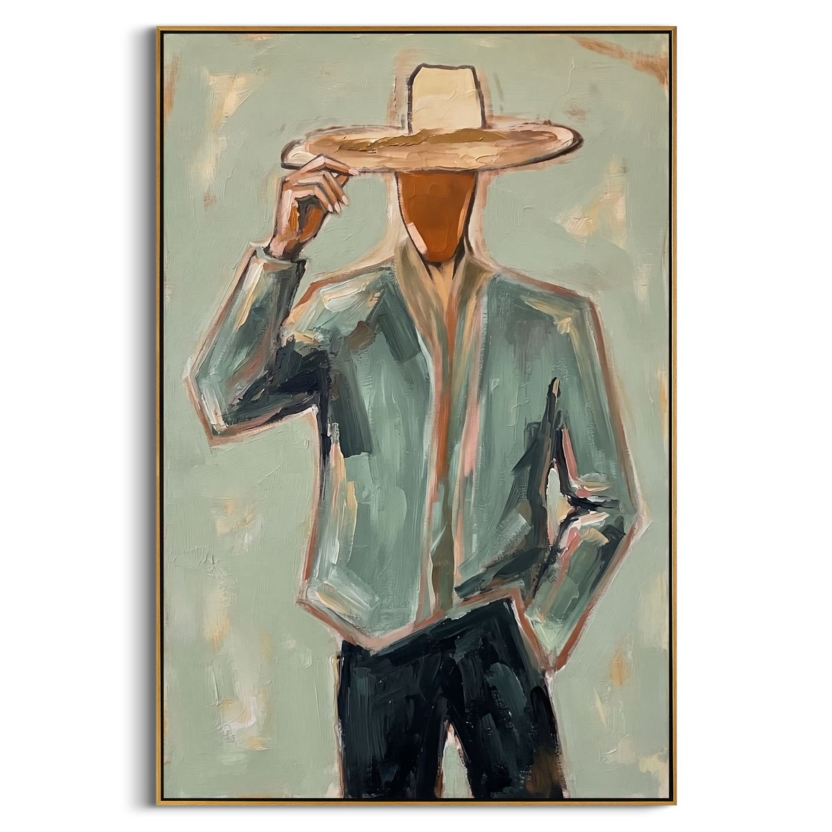 "Green Hat Figure Painting" - Modern Heavy Impasto Abstract Artwork | Green & Brown Palette Knife Painting | Luxury Vertical Wall Art #PT 836