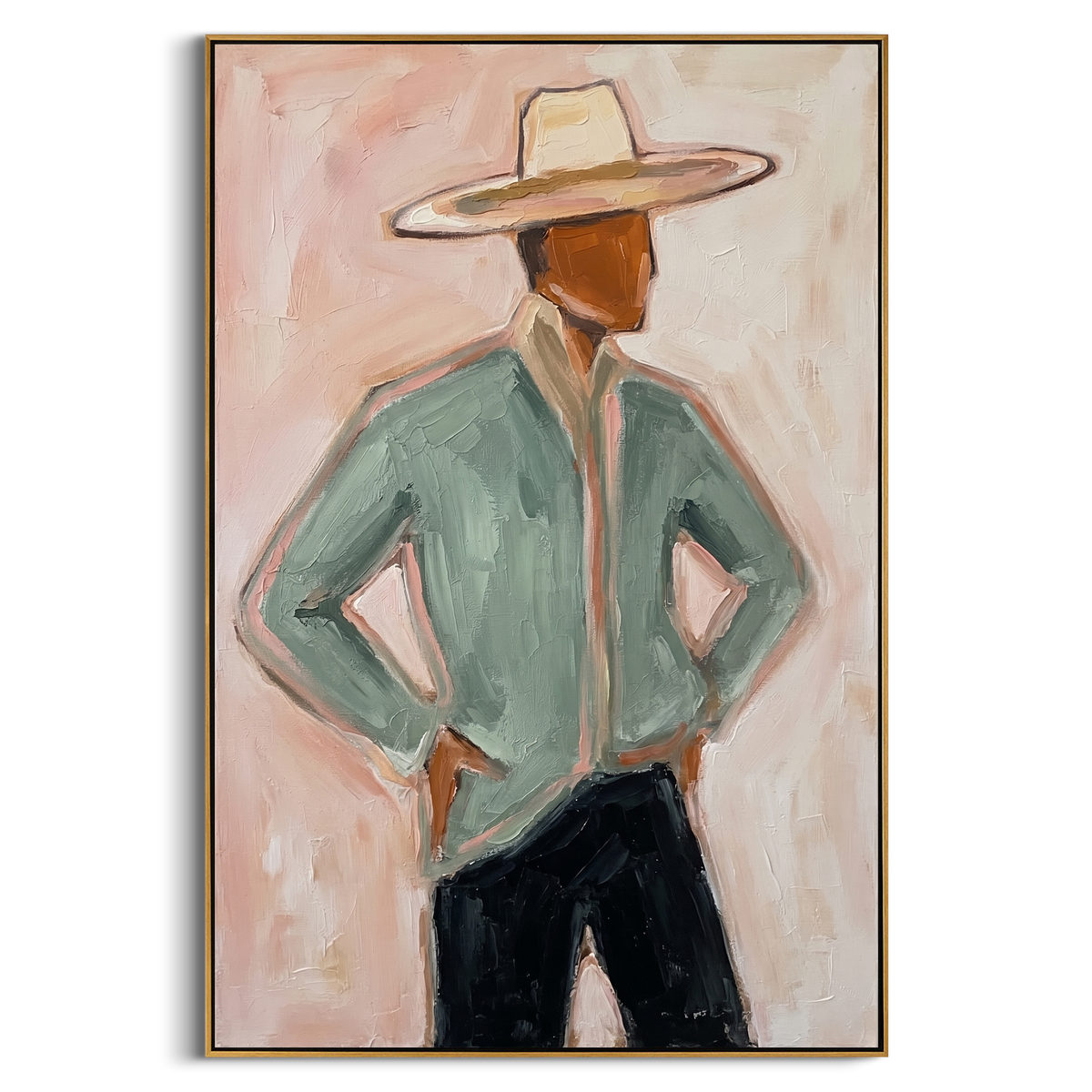 "Pink Hat Figure Painting" - Modern Heavy Impasto Abstract Artwork | Pink & Green Palette Knife Painting | Luxury Vertical Wall Art #PT 837