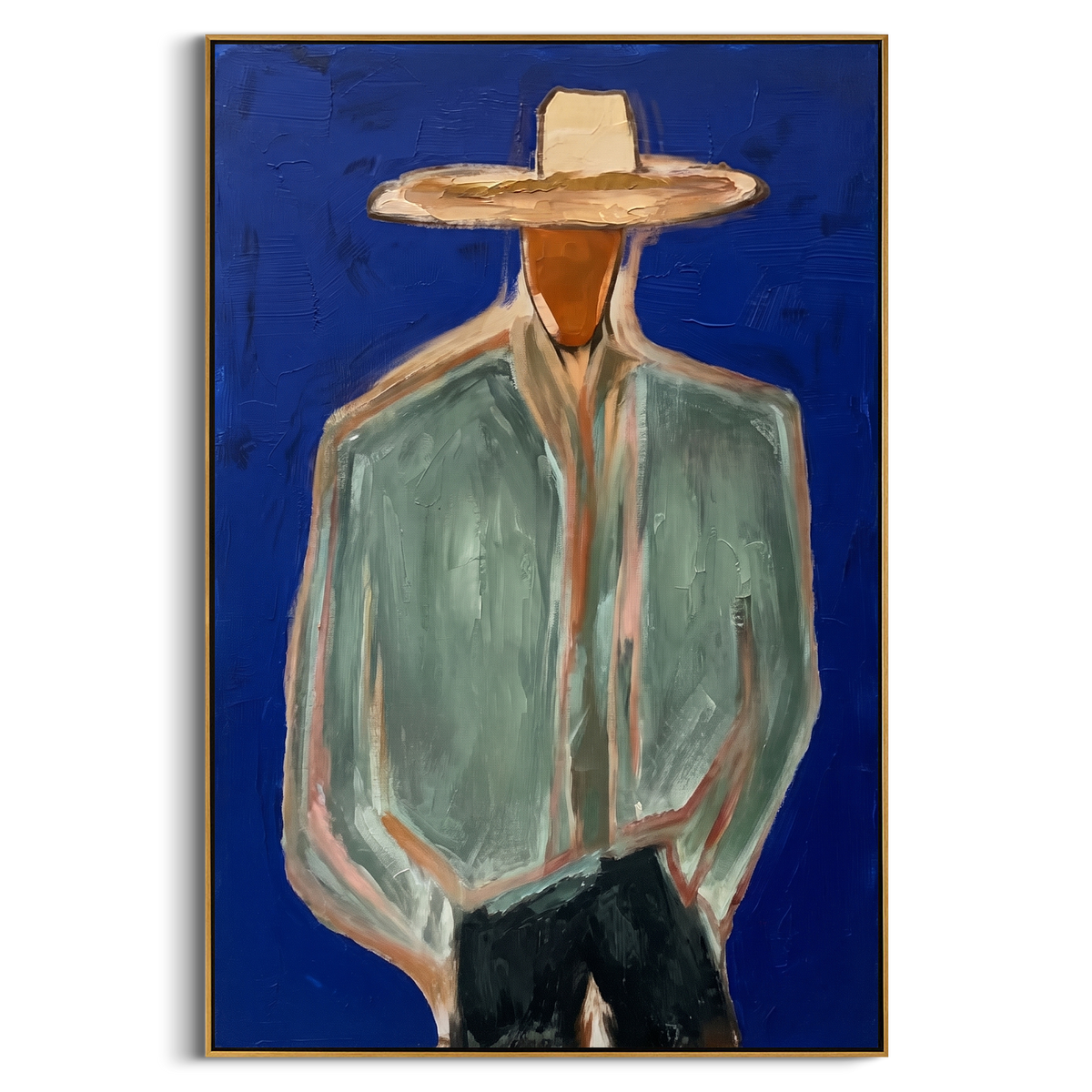 "Blue Hat Portrait Painting" - Modern Heavy Impasto Abstract Artwork | Blue & Green Palette Knife Painting | Luxury Vertical Wall Art #PT 838