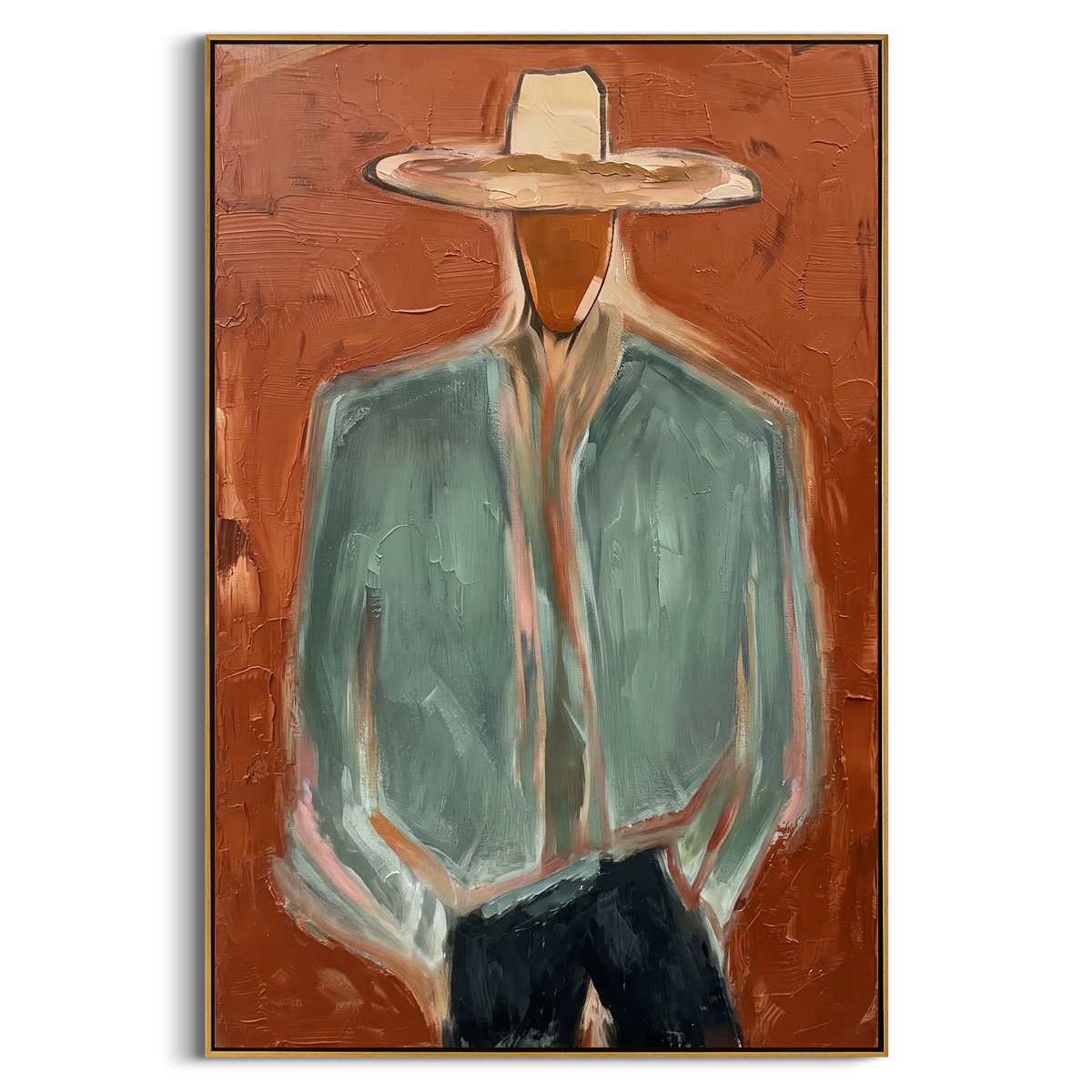 "Brown Hat Portrait Painting" - Modern Heavy Impasto Abstract Artwork | Brown & Green Palette Knife Painting | Luxury Vertical Wall Art #PT 839