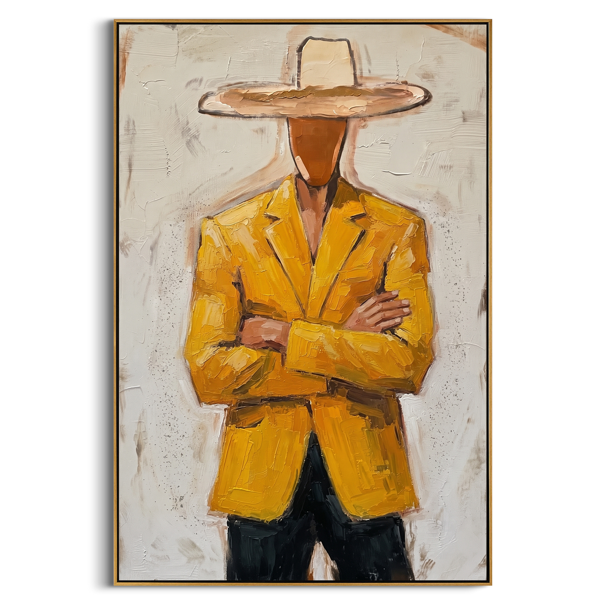 "Yellow Hat Portrait Painting" - Modern Heavy Impasto Abstract Artwork | Yellow & White Palette Knife Painting | Luxury Vertical Wall Art #PT 840