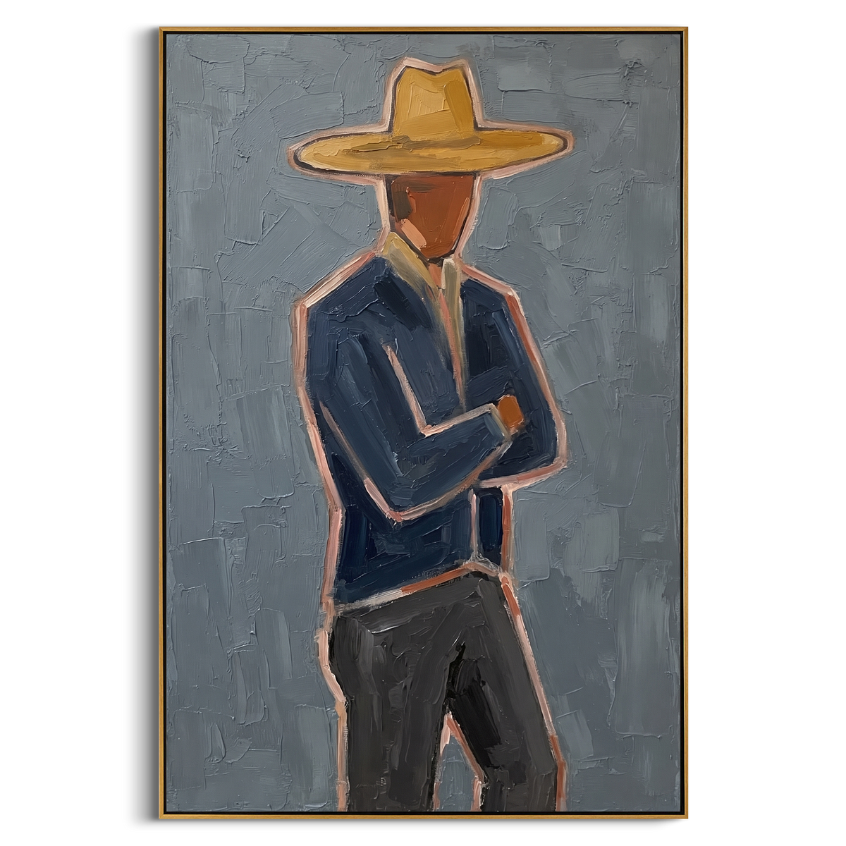 "Grey Blue Hat Figure Painting" - Modern Heavy Impasto Abstract Artwork | Grey & Blue Palette Knife Painting | Luxury Vertical Wall Art #PT 841