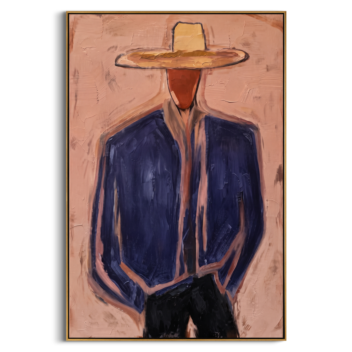 "Pink Blue Hat Portrait Painting" - Modern Heavy Impasto Abstract Artwork | Pink & Blue Palette Knife Painting | Luxury Vertical Wall Art #PT 842