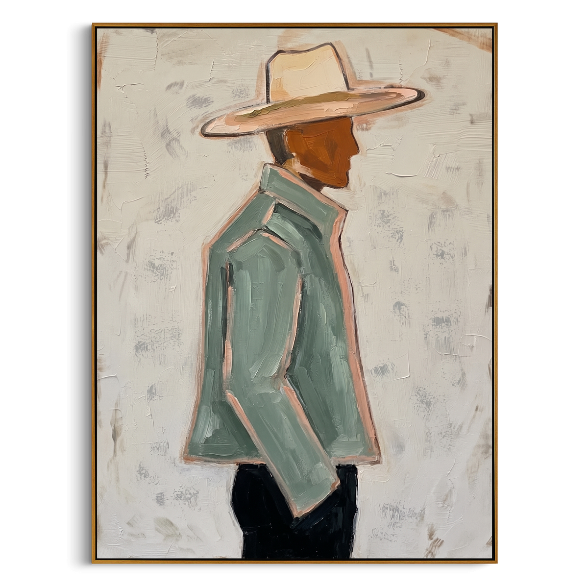 "Green Hat Figure Painting" - Modern Heavy Impasto Abstract Artwork | Green & White Palette Knife Painting | Luxury Vertical Wall Art #PT 844