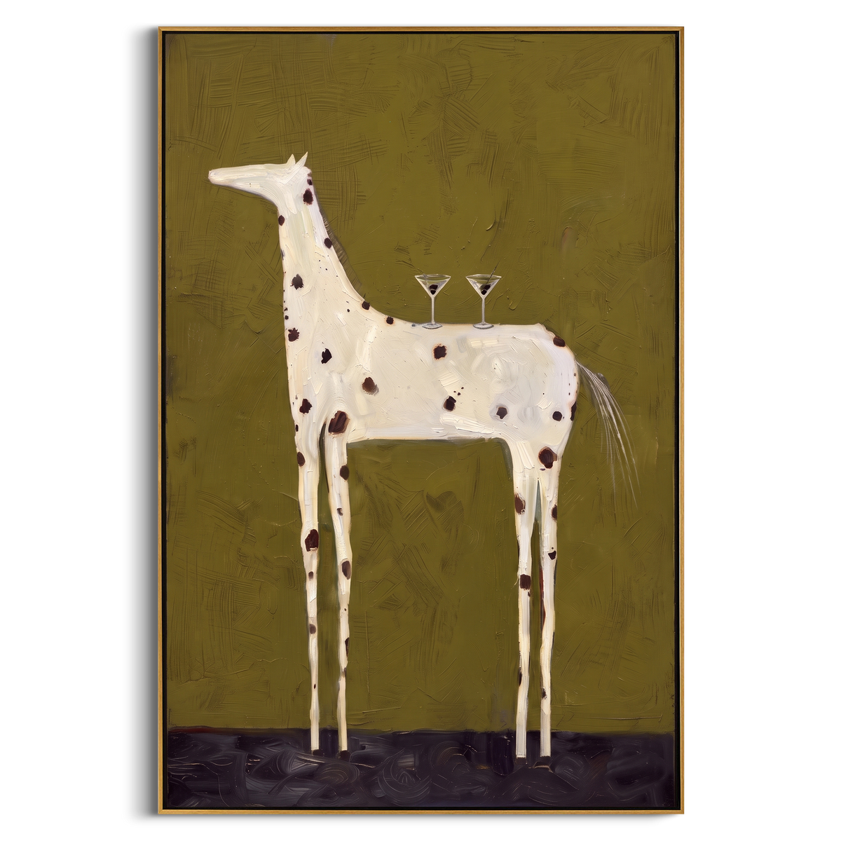 "Olive White Spotted Horse Painting" - Modern Heavy Impasto Western Animal Artwork | Natural & White Palette Knife Painting | Luxury Vertical Wall Art #PT 847