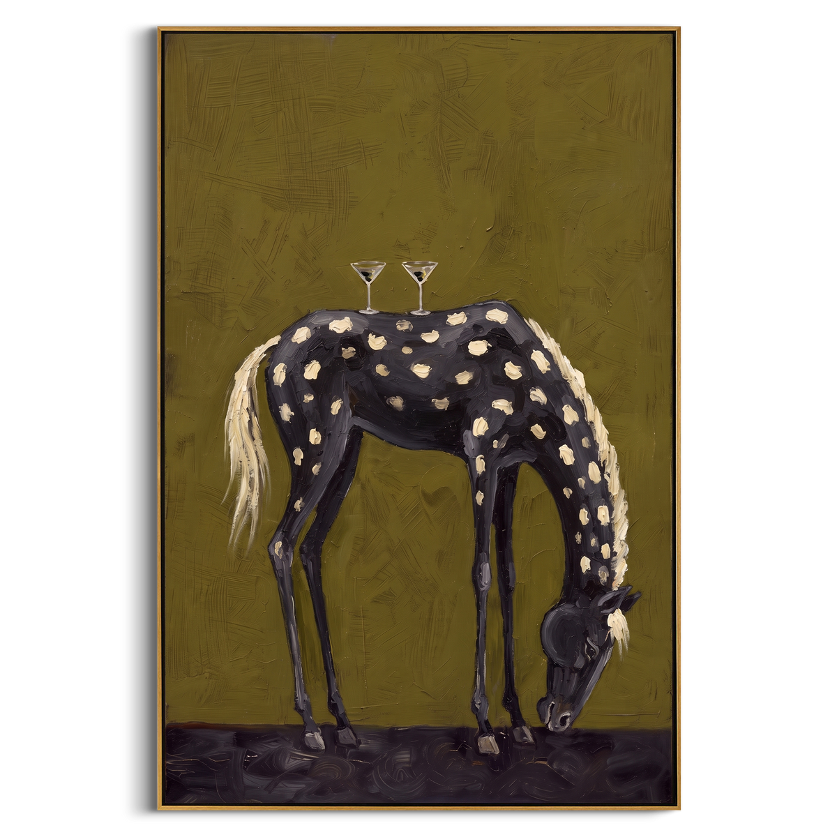 "Olive Green Spotted Horse Painting" - Modern Heavy Impasto Western Animal Artwork | Green & Black Palette Knife Painting | Luxury Vertical Wall Art #PT 850