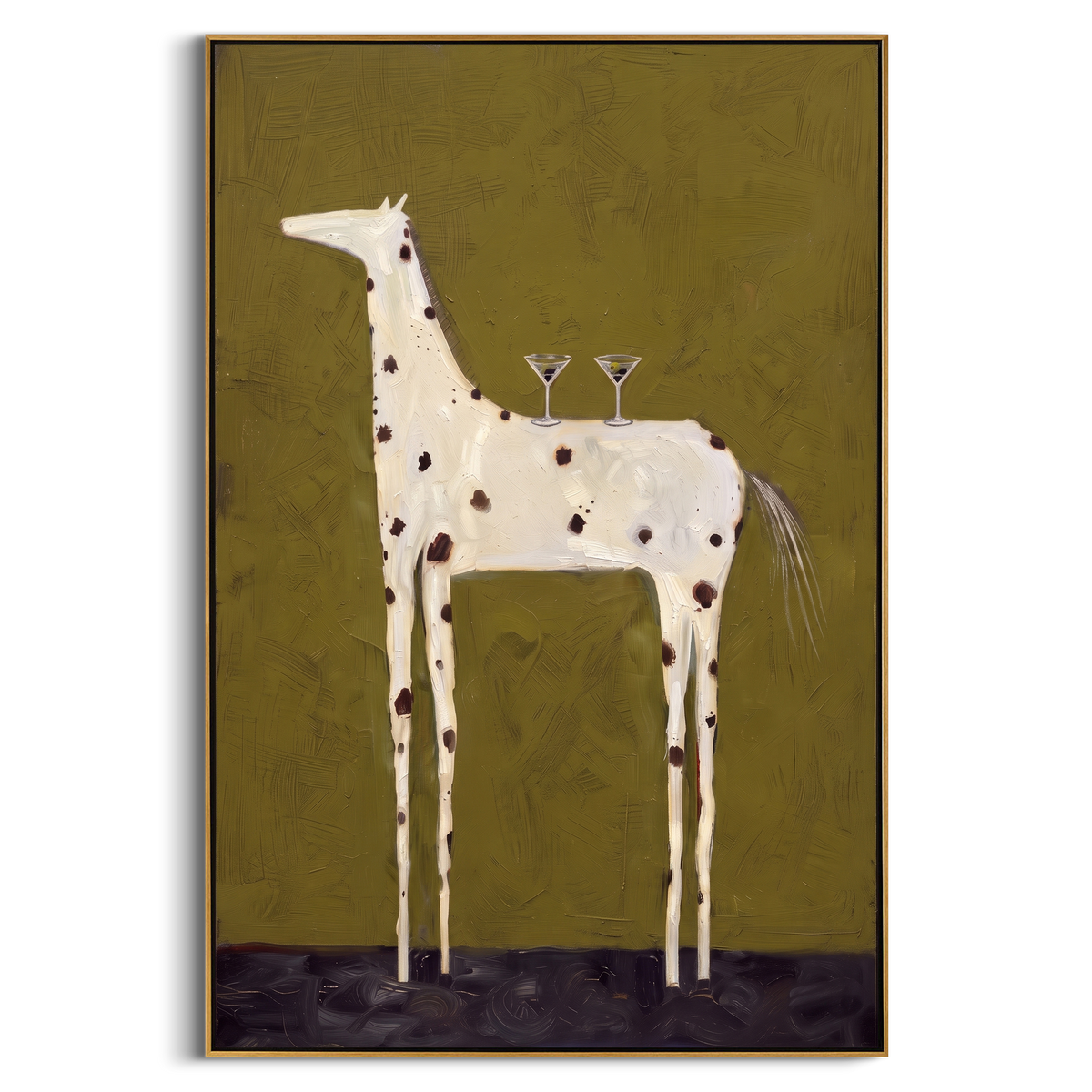 "Olive Green White Horse Painting" - Modern Heavy Impasto Western Animal Artwork | Natural & White Palette Knife Painting | Luxury Vertical Wall Art #PT 852