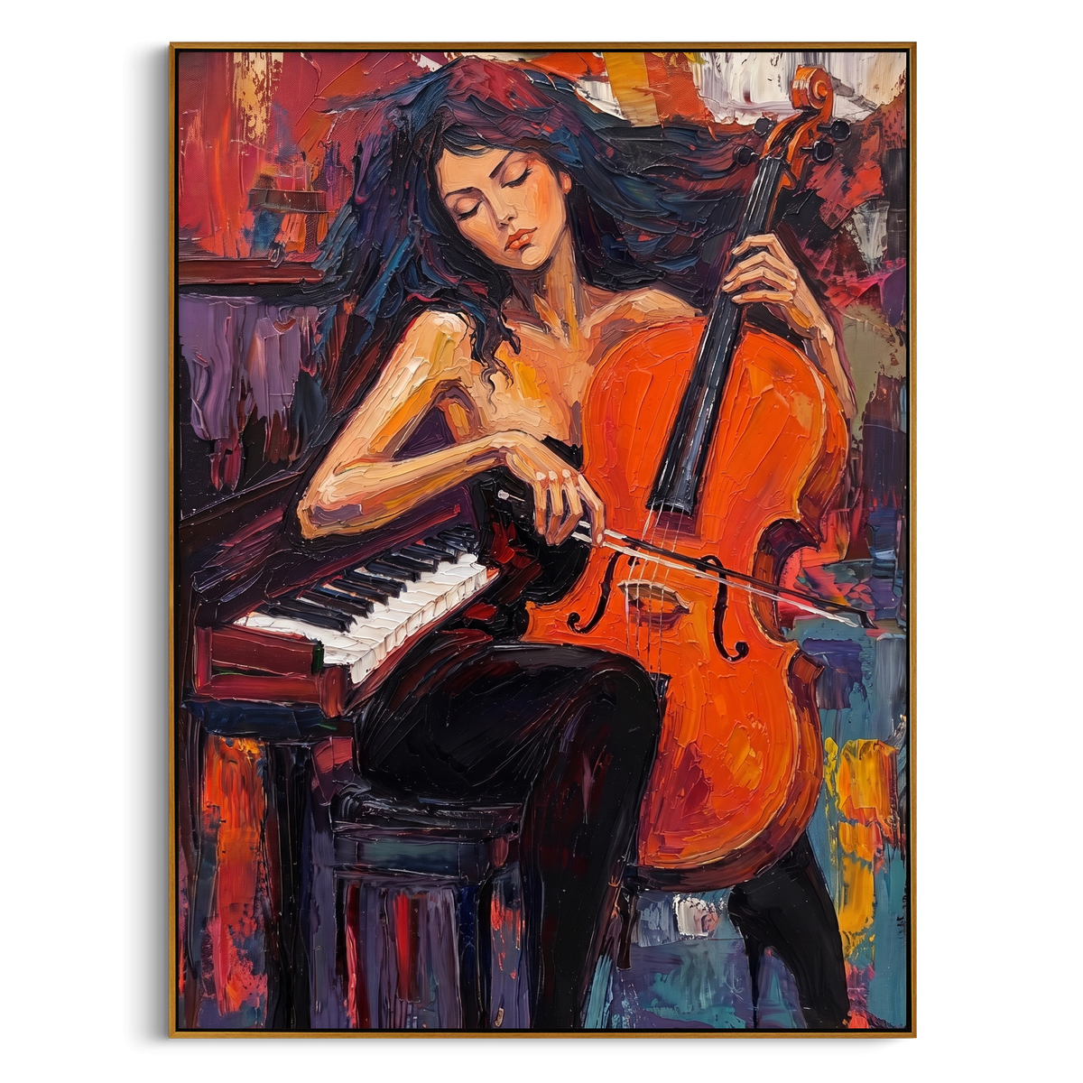 "Colorful Cellist Portrait Painting" - Modern Heavy Impasto Coastal Landscape | Orange & Black Palette Knife Painting | Luxury Vertical Wall Art #PT 853