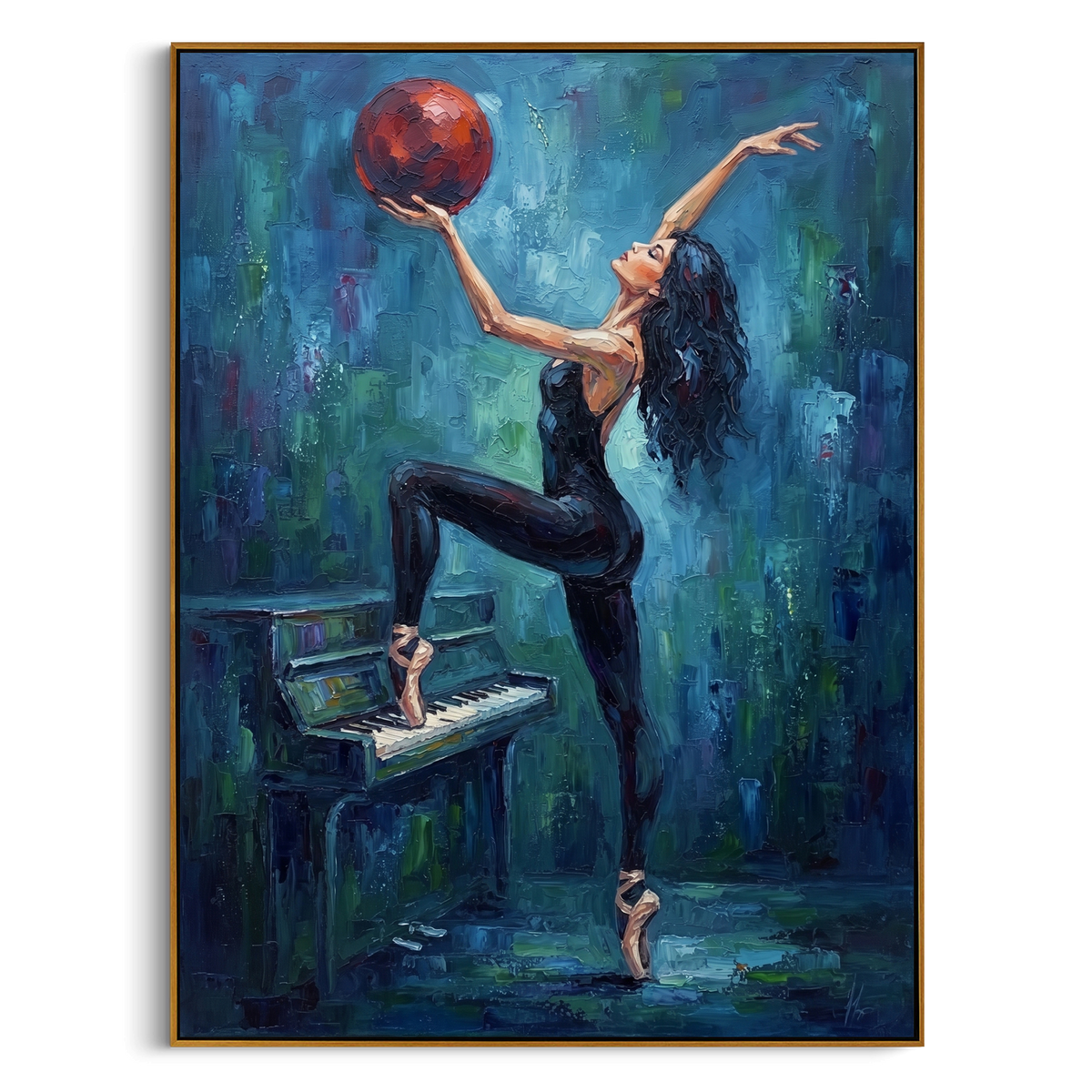 "Blue Ballerina Piano Painting" - Modern Heavy Impasto Abstract Artwork | Blue & Green Palette Knife Painting | Luxury Vertical Wall Art #PT 854