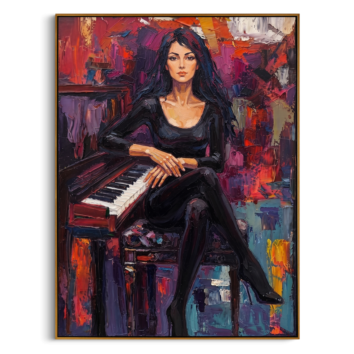 "Colorful Piano Woman Portrait" - Modern Heavy Impasto Coastal Landscape | Black & Pink Palette Knife Painting | Luxury Vertical Wall Art #PT 855