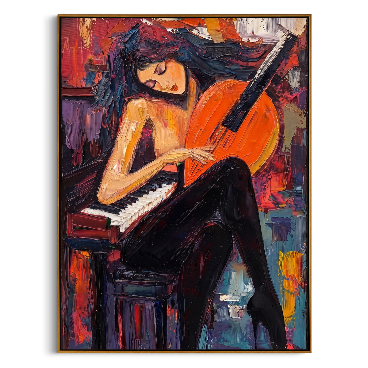 "Orange Cello Woman Painting" - Modern Heavy Impasto Abstract Artwork | Orange & Black Palette Knife Painting | Luxury Vertical Wall Art #PT 856