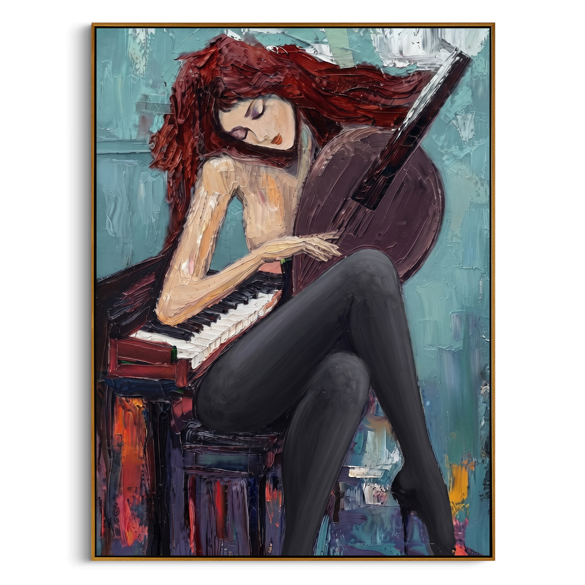 "Red Hair Cello Woman Painting" - Modern Heavy Impasto Abstract Artwork | Blue & Black Palette Knife Painting | Luxury Vertical Wall Art #PT 857