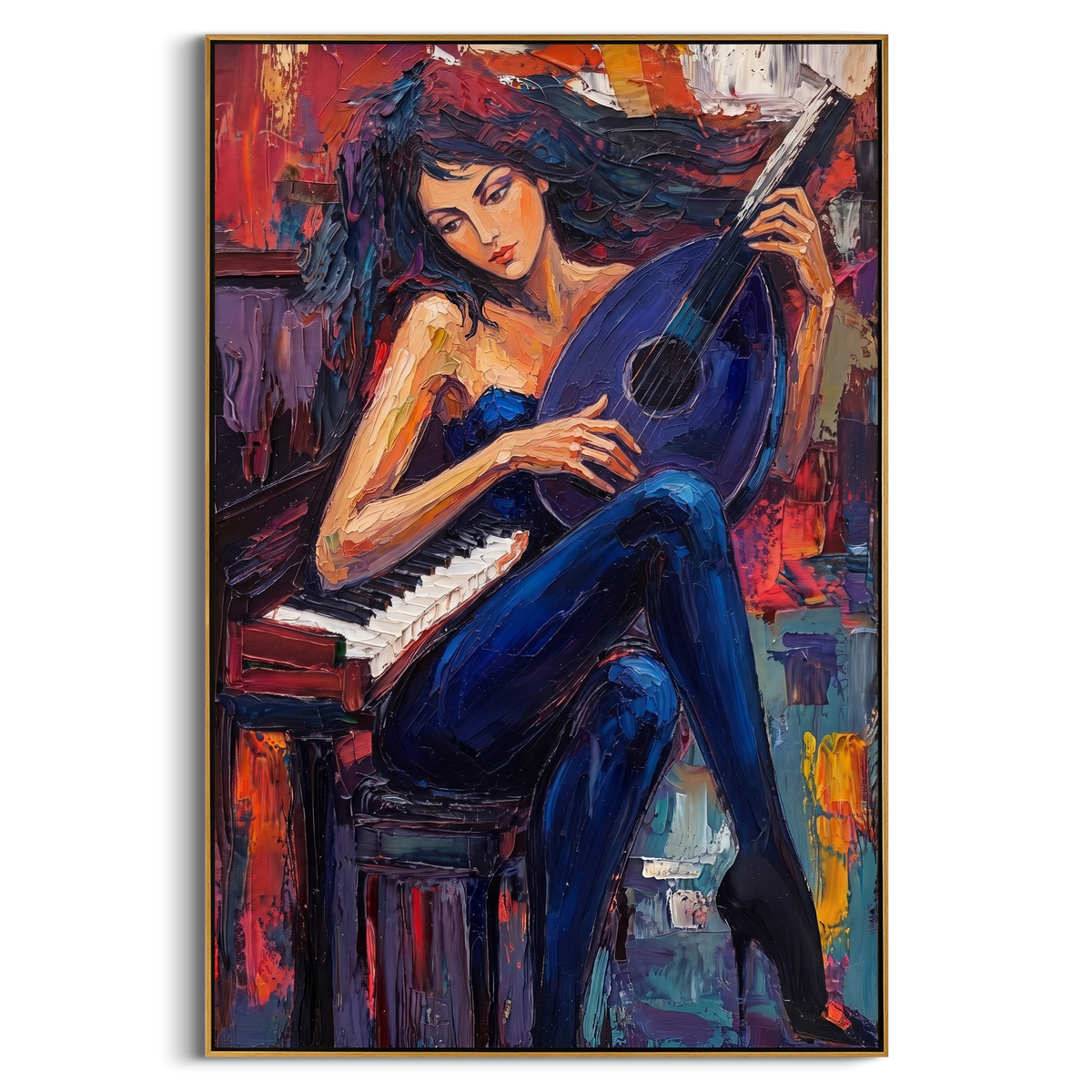 "Blue Guitar Piano Woman Painting" - Modern Heavy Impasto Abstract Artwork | Blue & Black Palette Knife Painting | Luxury Vertical Wall Art #PT 858