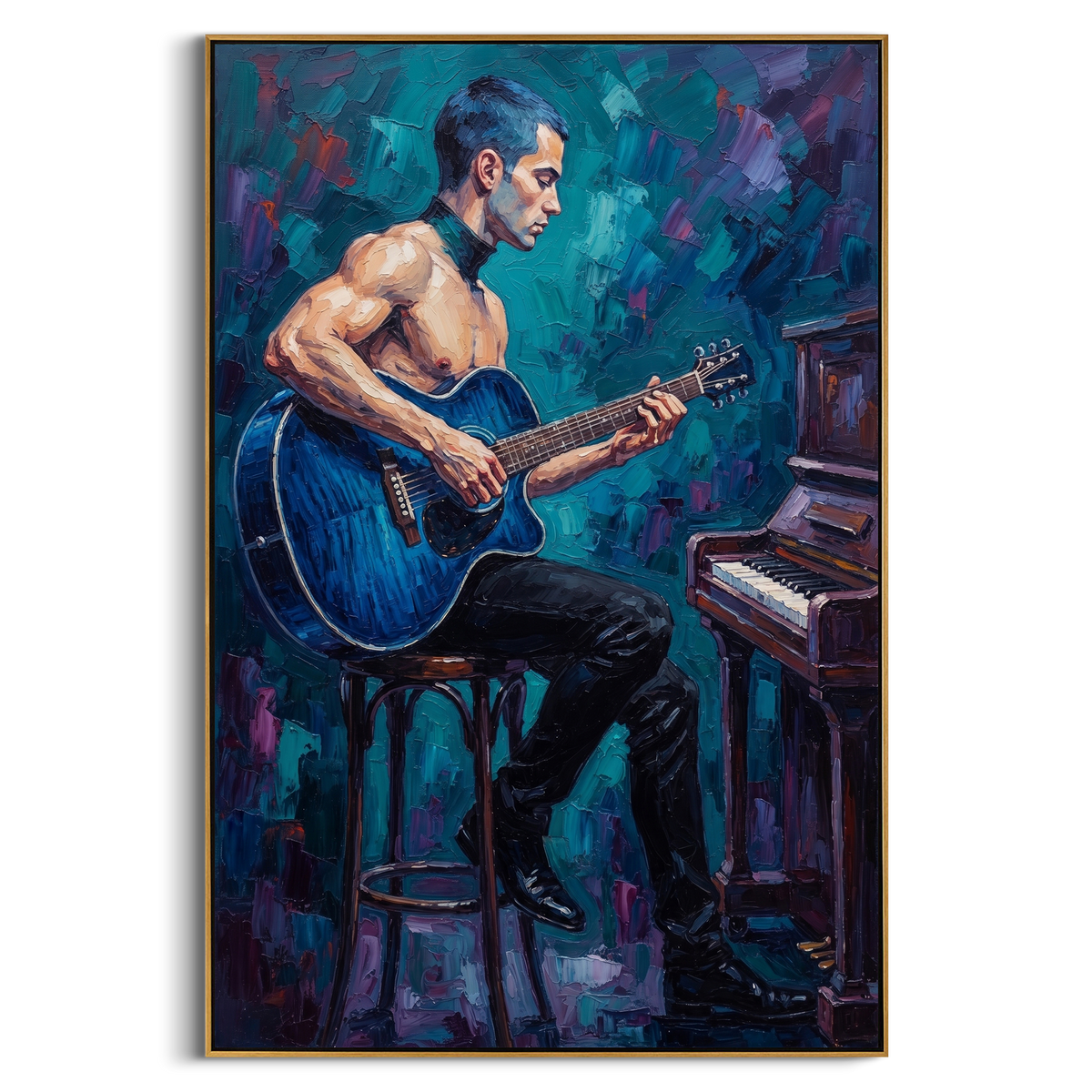 "Blue Guitar Man Painting" - Modern Heavy Impasto Coastal Landscape | Blue & Green Palette Knife Painting | Luxury Vertical Wall Art #PT 859