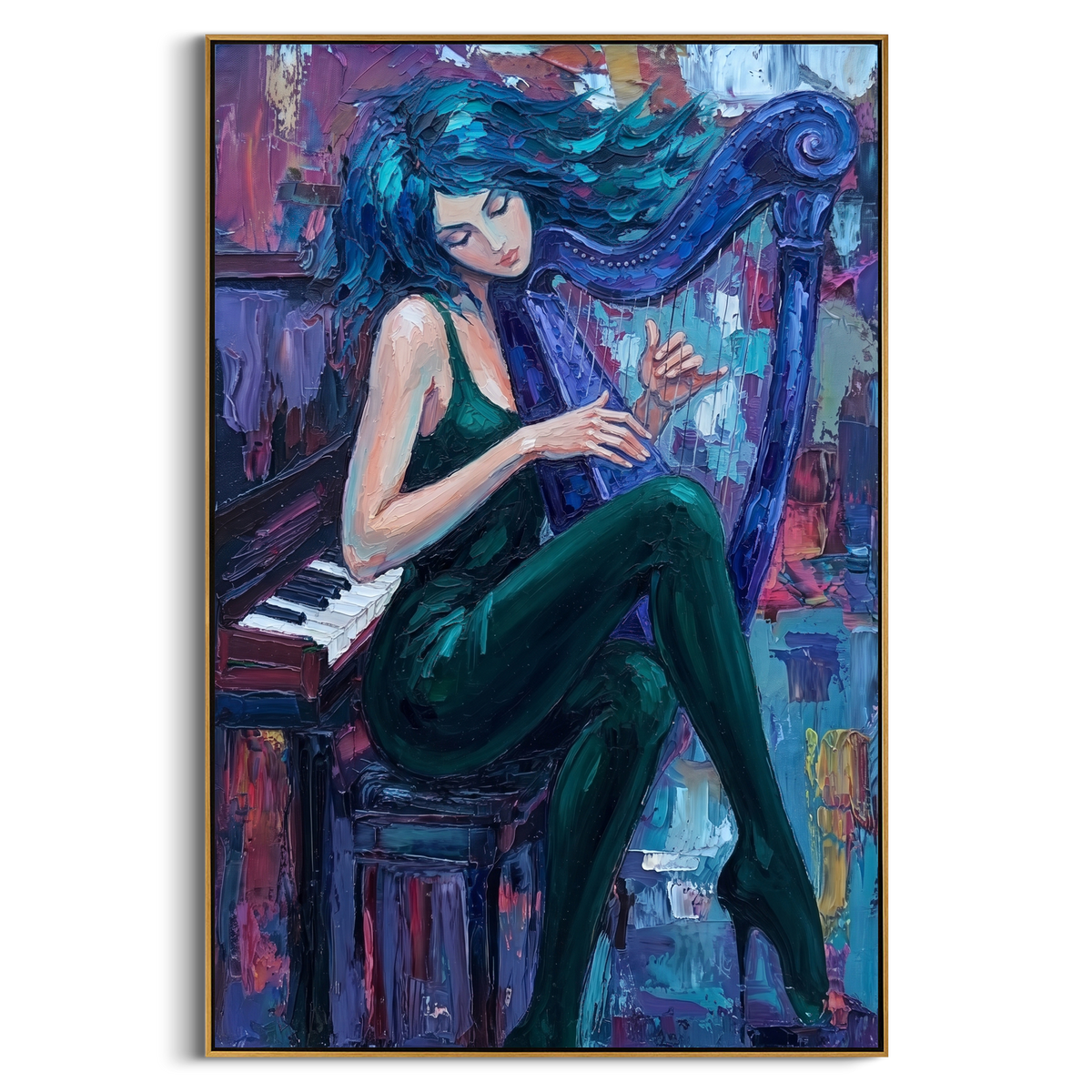 "Blue Harp Woman Painting" - Modern Heavy Impasto Abstract Artwork | Blue & Green Palette Knife Painting | Luxury Vertical Wall Art #PT 860