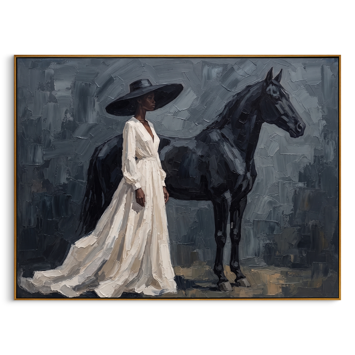 "Black Horse White Dress Painting" - Modern Heavy Impasto Western Animal Artwork | Black & White Palette Knife Painting | Luxury Horizontal Wall Art #PT 861