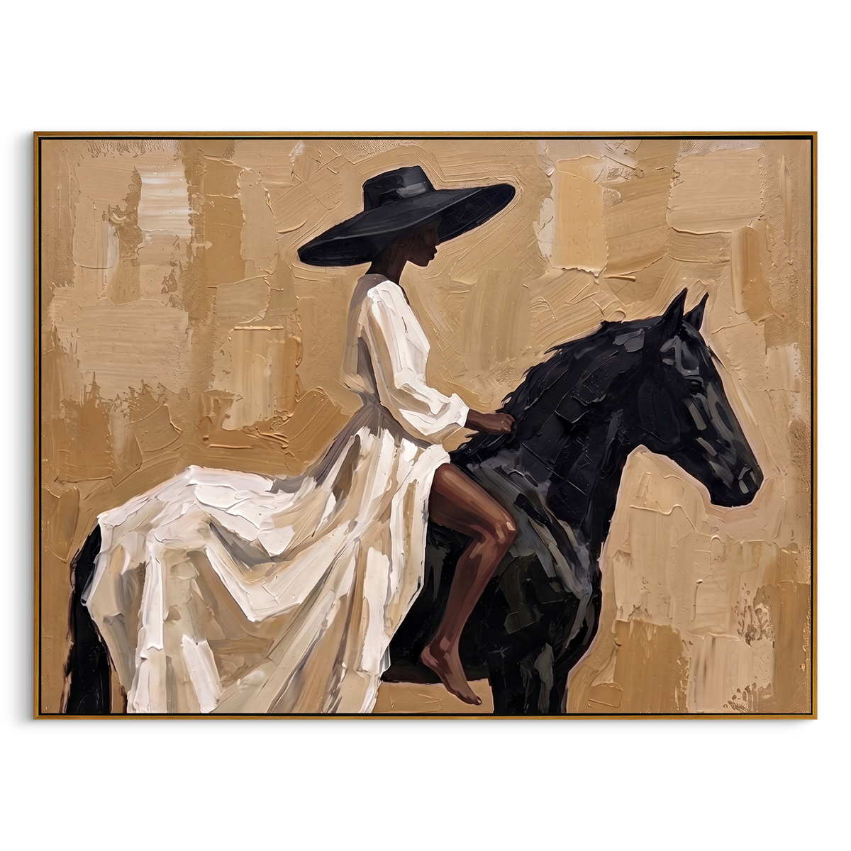 "Black Horse Rider Painting" - Modern Heavy Impasto Western Animal Artwork | Beige & Black Palette Knife Painting | Luxury Horizontal Wall Art #PT 862