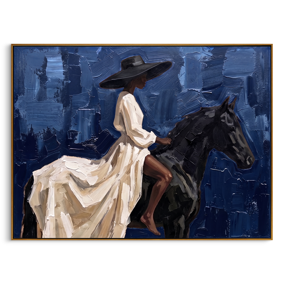 "Blue White Rider Textured Horse Painting" - Modern Heavy Impasto Western Animal Artwork | Blue & White Palette Knife Painting | Luxury Horizontal Wall Art #PT 863