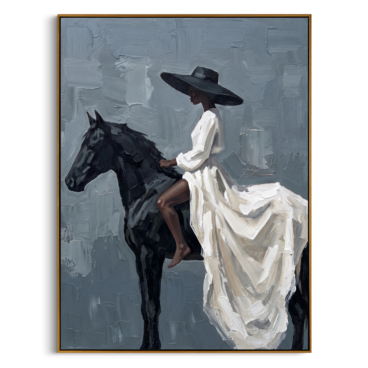 "Grey White Rider Textured Horse Painting" - Modern Heavy Impasto Western Animal Artwork | Grey & White Palette Knife Painting | Luxury Vertical Wall Art #PT 864