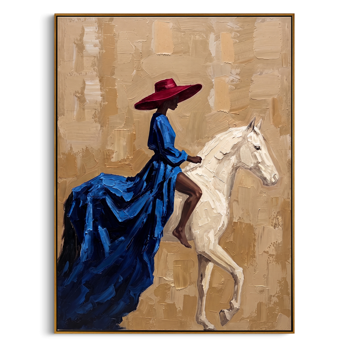"Blue Dress White Horse Painting" - Modern Heavy Impasto Western Animal Artwork | Blue & Beige Palette Knife Painting | Luxury Vertical Wall Art #PT 865