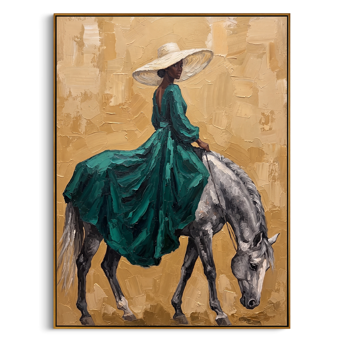 "Green Dress Horse Rider Painting" - Modern Heavy Impasto Western Animal Artwork | Green & Golden Palette Knife Painting | Luxury Vertical Wall Art #PT 866
