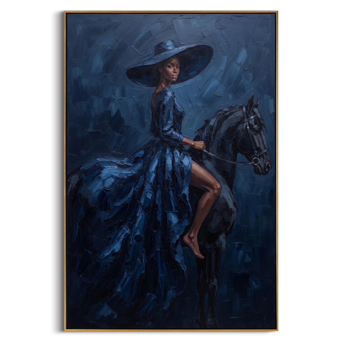"Deep Blue Rider Horse Painting" - Modern Heavy Impasto Western Animal Artwork | Blue & Black Palette Knife Painting | Luxury Vertical Wall Art #PT 867