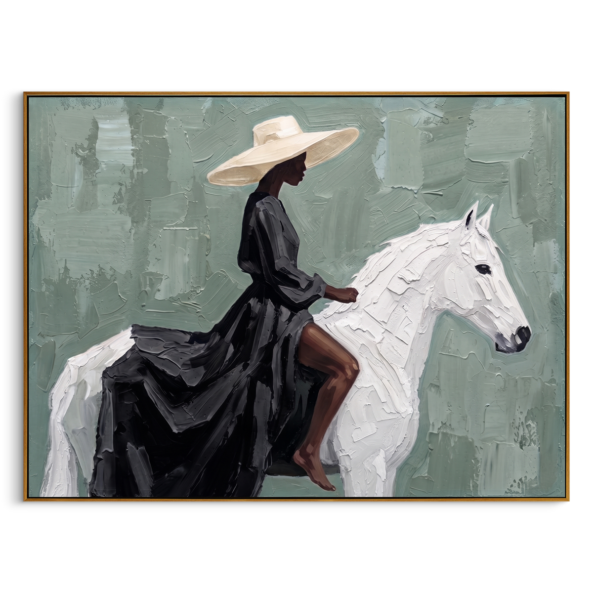 "Black Dress White Horse Painting" - Modern Heavy Impasto Western Animal Artwork | Green & White Palette Knife Painting | Luxury Horizontal Wall Art #PT 868