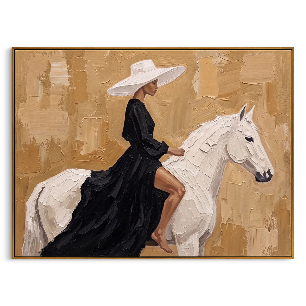 "Golden Black Dress Horse Painting" - Modern Heavy Impasto Western Animal Artwork | Golden & White Palette Knife Painting | Luxury Horizontal Wall Art #PT 869