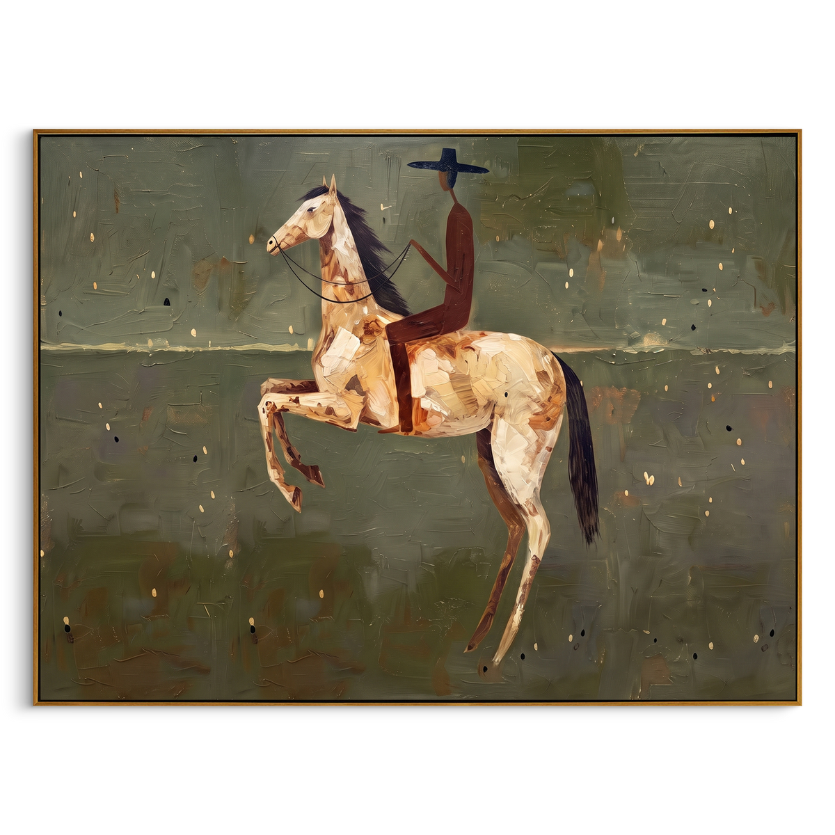 "Minimal Rider Horse Textured Painting" - Modern Heavy Impasto Western Animal Artwork | Green & Brown Palette Knife Painting | Luxury Horizontal Wall Art #PT 870