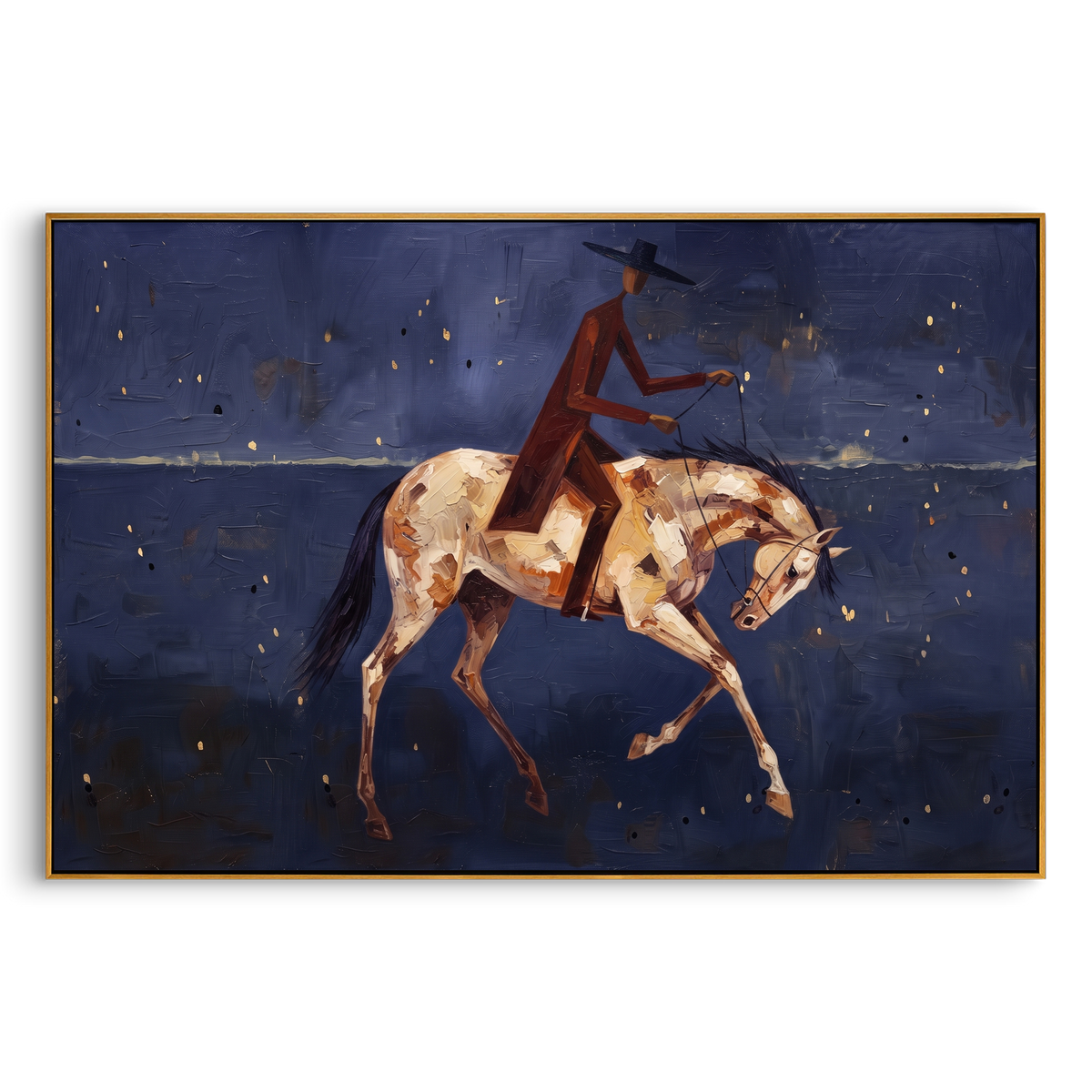 "Blue Minimal Rider Horse Painting" - Modern Heavy Impasto Western Animal Artwork | Blue & Brown Palette Knife Painting | Luxury Horizontal Wall Art #PT 871