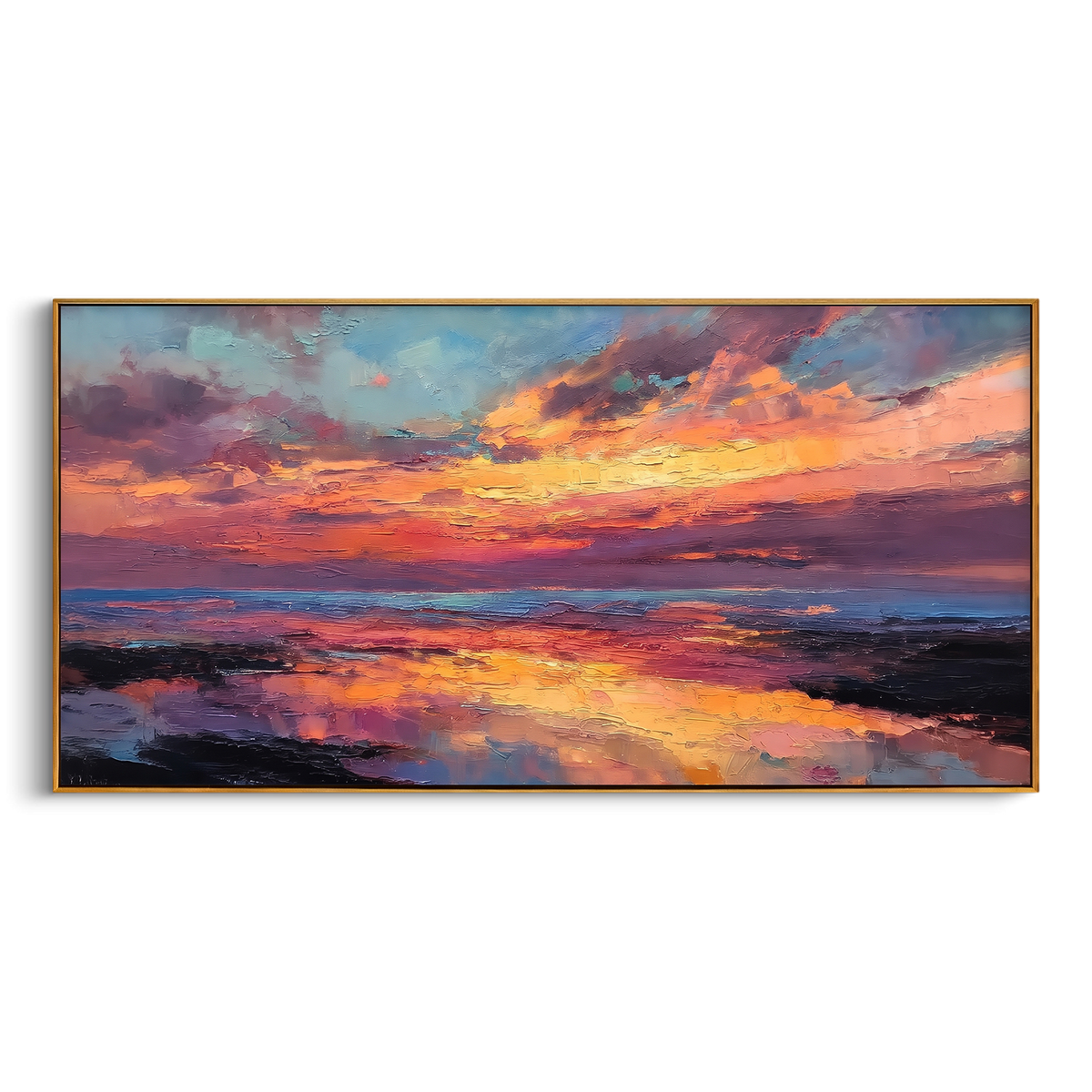 "Sunset Ocean Landscape Painting" - Modern Heavy Impasto Coastal Landscape | Orange & Purple Palette Knife Painting | Luxury Horizontal Wall Art #PT 875