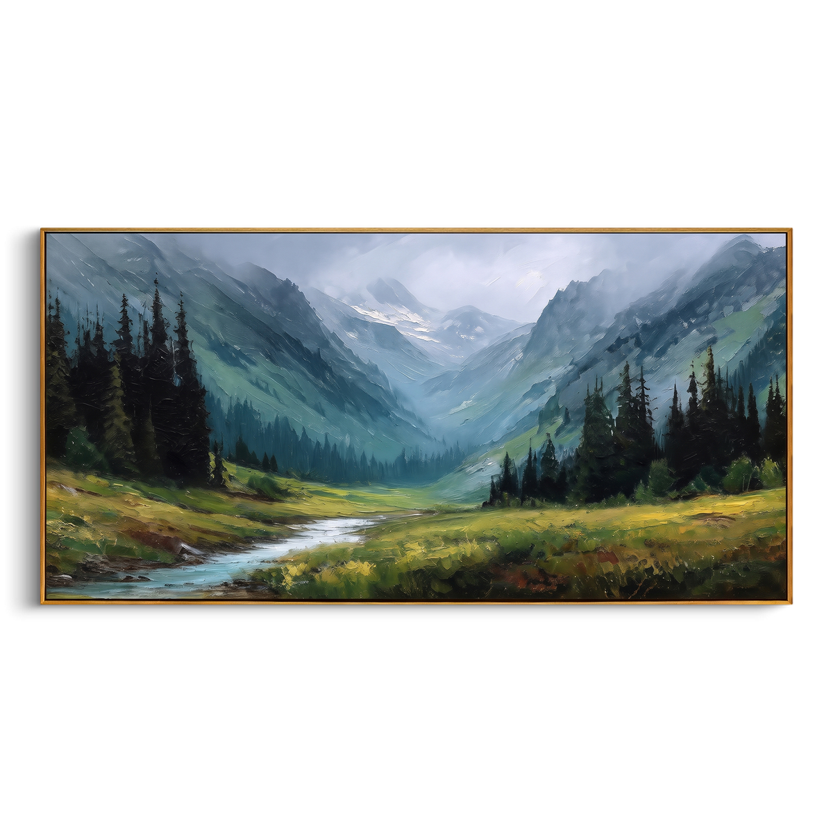 "Mountain Valley Landscape Painting" - Modern Heavy Impasto Landscape Artwork | Green & Blue Palette Knife Painting | Luxury Horizontal Wall Art #PT 878