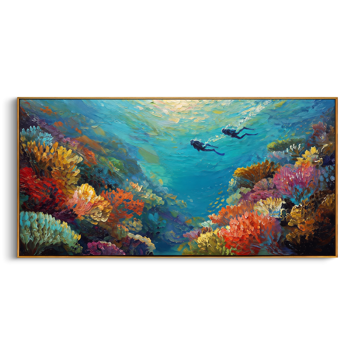 "Underwater Coral Divers Painting" - Modern Heavy Impasto Coastal Landscape | Blue & Orange Palette Knife Painting | Luxury Horizontal Wall Art #PT 879