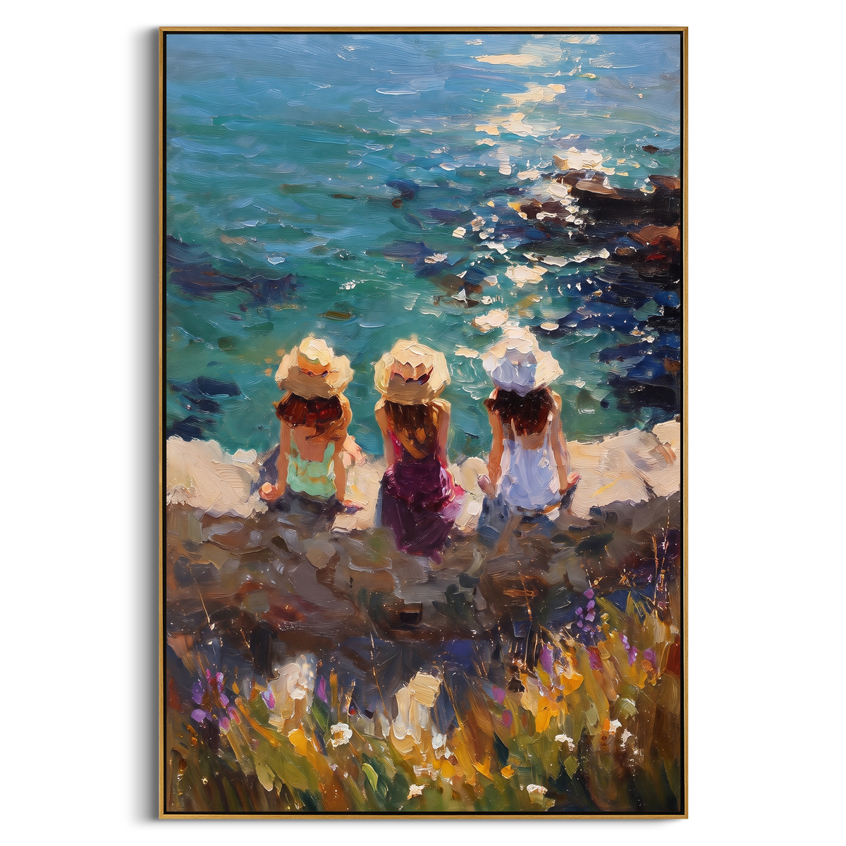 "Children By The Sea Painting" - Modern Heavy Impasto Coastal Landscape | Blue & Beige Palette Knife Painting | Luxury Vertical Wall Art #PT 881