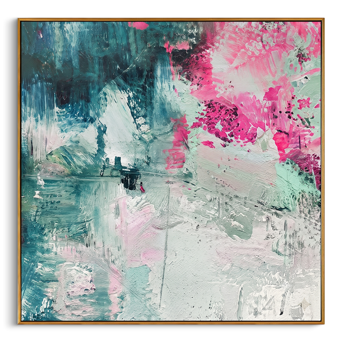 "Teal Pink Abstract Painting" - Modern Heavy Impasto Abstract Artwork | Green & Pink Palette Knife Painting | Luxury Square Wall Art #PT 885