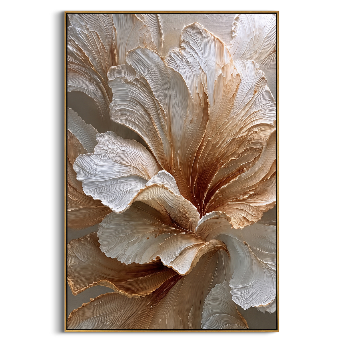 "Beige White Flower Texture Painting" - Modern Heavy Impasto Floral Abstract | White & Brown Palette Knife Painting | Luxury Vertical Wall Art #PT 887
