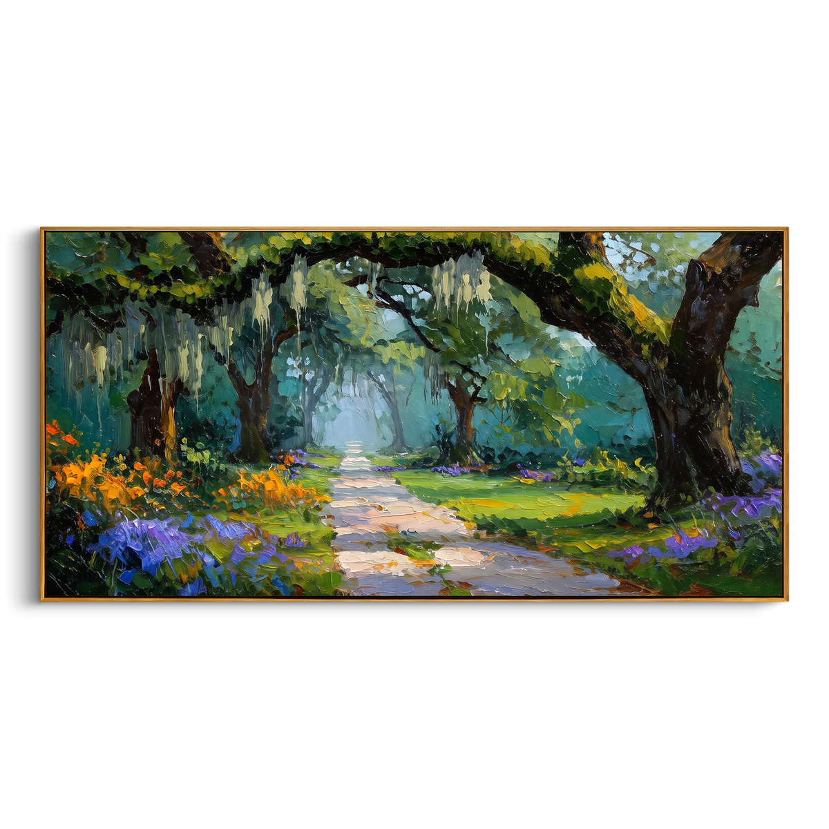 "Garden Path Landscape Painting" - Modern Heavy Impasto Floral Abstract | Green & Blue Palette Knife Painting | Luxury Horizontal Wall Art #PT 888