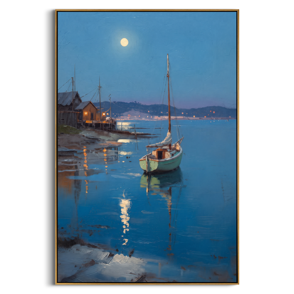"Moonlit Sailboat Harbor Painting" - Modern Heavy Impasto Coastal Landscape | Blue & Grey Palette Knife Painting | Luxury Vertical Wall Art #PT 889