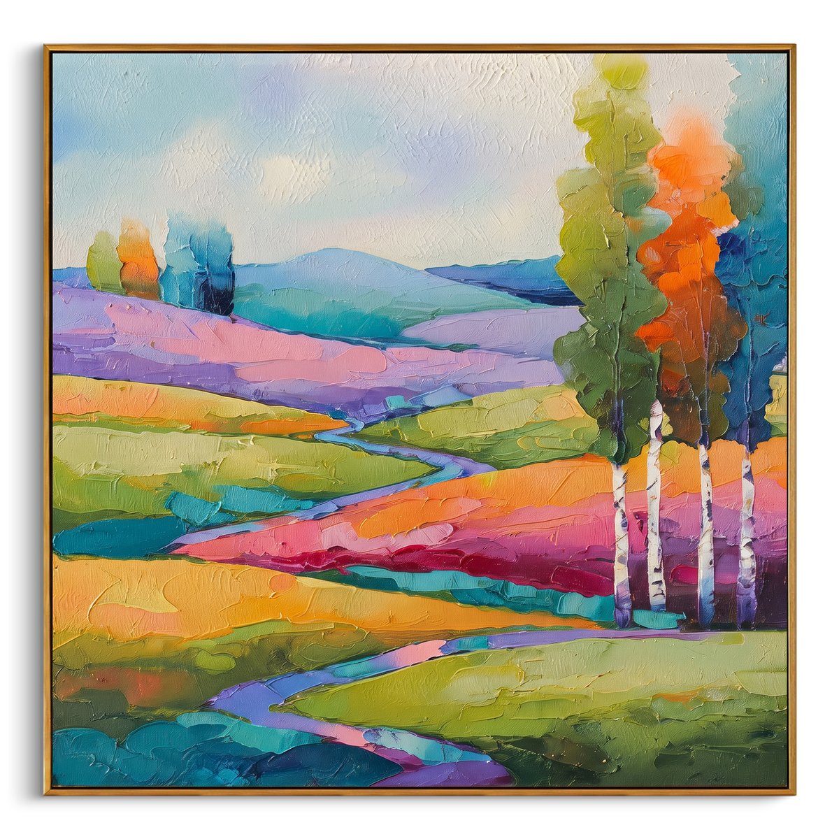 "Colorful River Landscape Painting" - Modern Heavy Impasto Abstract Artwork | Green & Yellow Palette Knife Painting | Luxury Square Wall Art #PT 891