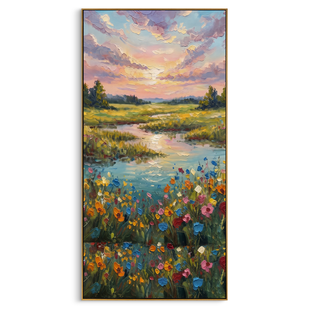 "Flower Meadow Lake Painting" - Modern Heavy Impasto Floral Abstract | Green & Blue Palette Knife Painting | Luxury Wall Wall Art #PT 892