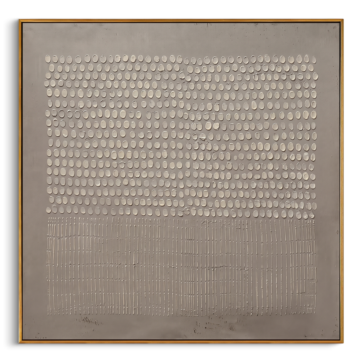 "Minimal Dot Line Texture Painting" - Modern Heavy Impasto Geometric Abstract | Grey & White Palette Knife Painting | Luxury Square Wall Art #PT 893