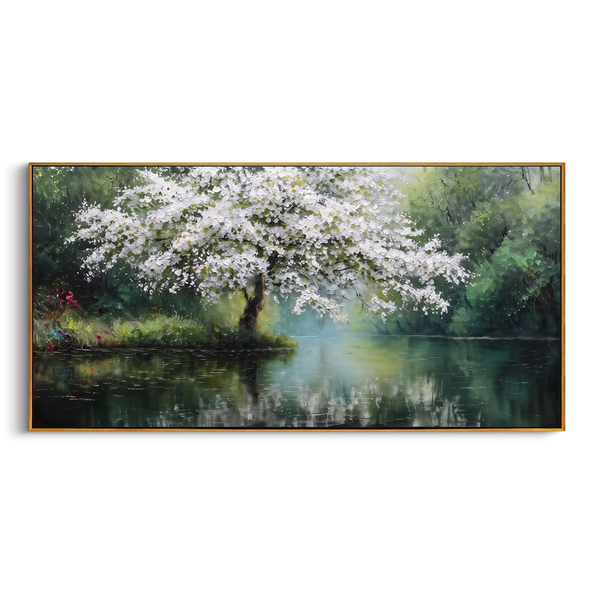 "White Flower Tree Lake Painting" - Modern Heavy Impasto Floral Abstract | Green & White Palette Knife Painting | Luxury Horizontal Wall Art #PT 894