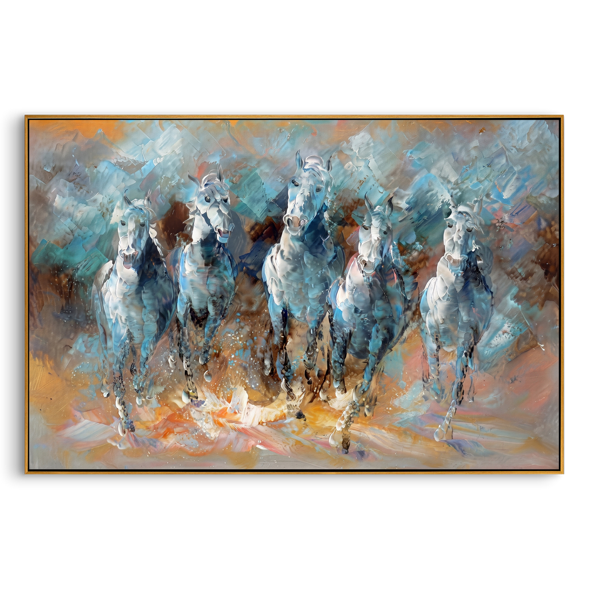 "Running White Horses Painting" - Modern Heavy Impasto Western Animal Artwork | Blue & White Palette Knife Painting | Luxury Horizontal Wall Art #PT 895