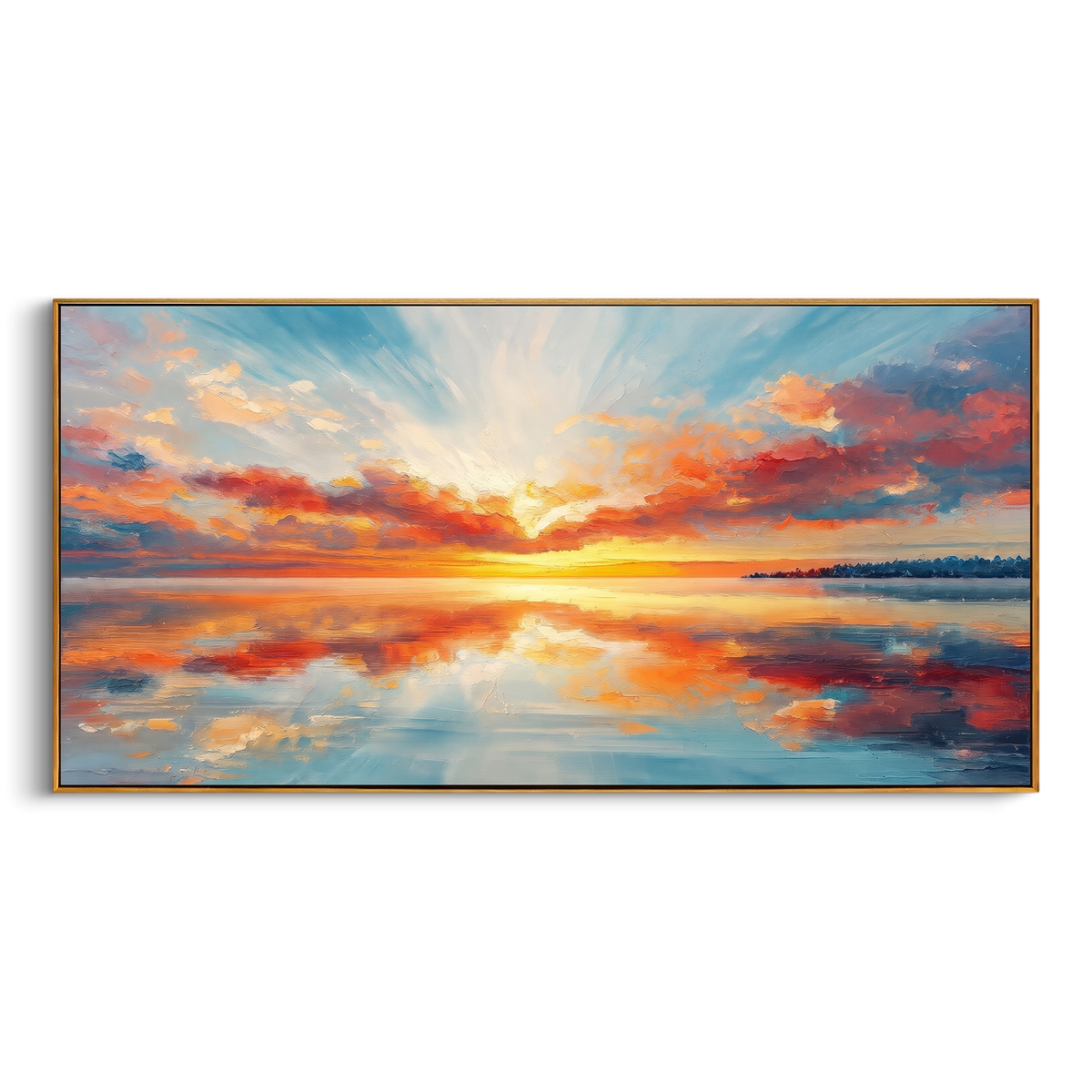 "Sunrise Lake Landscape Painting" - Modern Heavy Impasto Coastal Landscape | Orange & Blue Palette Knife Painting | Luxury Horizontal Wall Art #PT 897