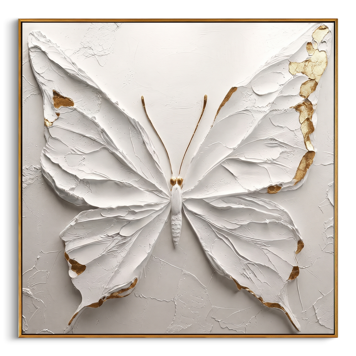 "White Gold Butterfly Painting" - Modern Heavy Impasto Western Animal Artwork | White & Golden Palette Knife Painting | Luxury Square Wall Art #PT 898