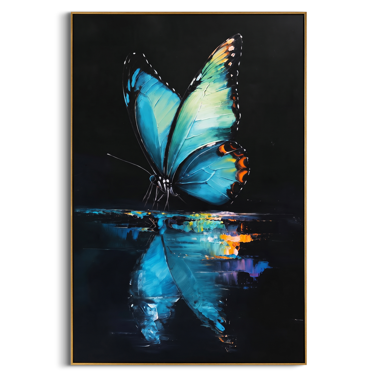 "Blue Butterfly Black Painting" - Modern Heavy Impasto Western Animal Artwork | Blue & Black Palette Knife Painting | Luxury Vertical Wall Art #PT 899
